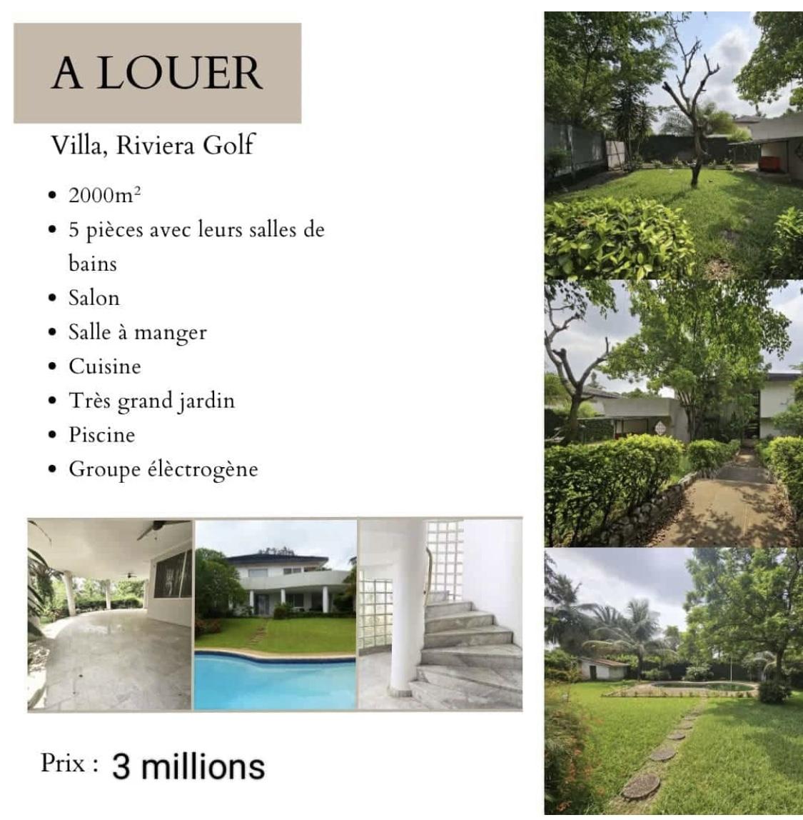 Location d'une Maison / Villa de 6 pièce(s) à 3.000.000 FCFA : Abidjan-Cocody-Riviera (Rivera golf )