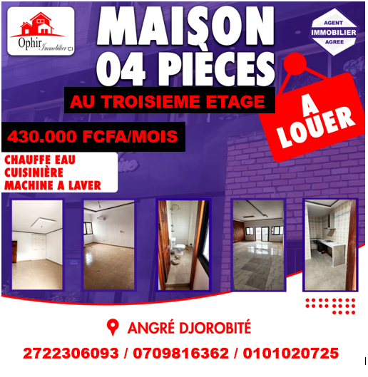 Location d'un Appartement de 4 pièce(s) à 430.000 FCFA : Abidjan-Cocody-Angré (Djorogobité)