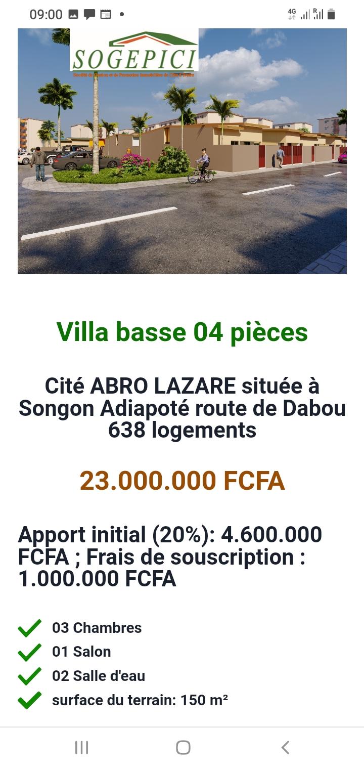 Vente d'une Maison / Villa de 4 pièce(s) à 24.000.000 FCFA : Songon-Songon ()