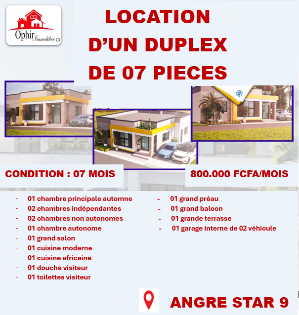 Location d'une Maison / Villa de 7 pièce(s) à 800.000 FCFA : Abidjan-Cocody-Angré (Star 9)